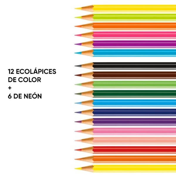 12 ecolápices de color + 6 de colores Neón en ABC Librería y juguetería.