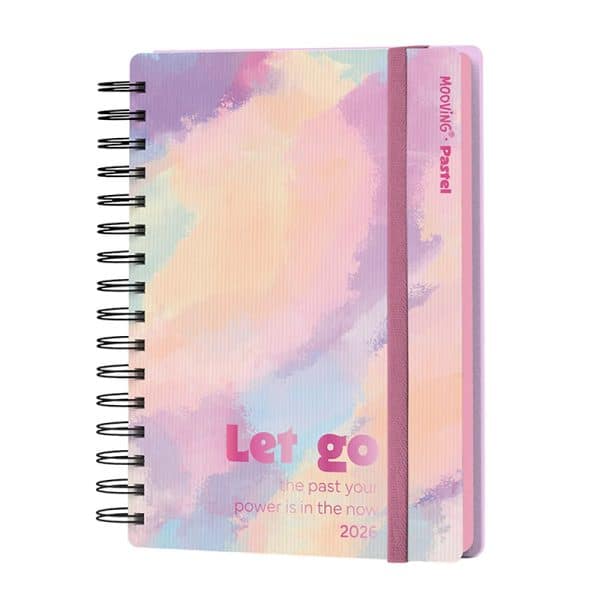 Agenda Mooving 15x21 Espiralada Pastel 2026. Modelo "Let go", Semana a la vista, en ABC Librería y juguetería.