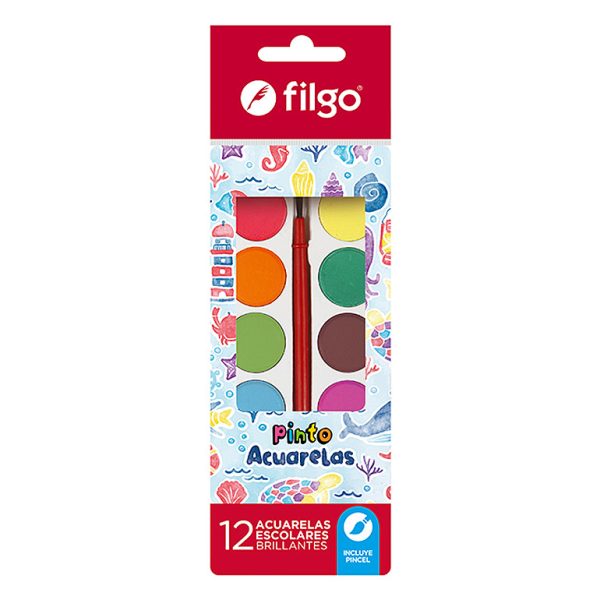 Acuarelas escolares brillantes Filgo Pinto x 12 unidades + pincel en ABC Librería y juguetería