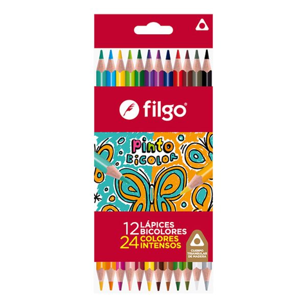 Lápices Filgo Pinto bicolor de 12 unidades con 24 colores ABC Librería y juguetería.