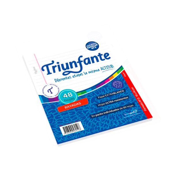 Repuesto escolar Nº3 de 48 hojas rayadas Triunfante. Papel extra blanco, resistente en ABC Librería Juguetería