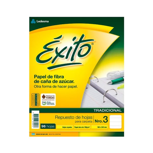 Repuesto escolar Éxito 96 hojas Rayadas Sin banda. Tamaño carta. Papel extra blanco en ABC Librería Juguetería